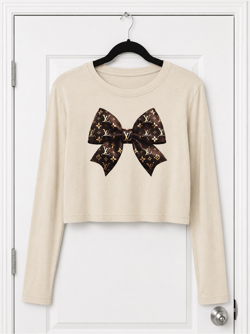 Cream Long-Sleeve Crop Top with Bow Graphic